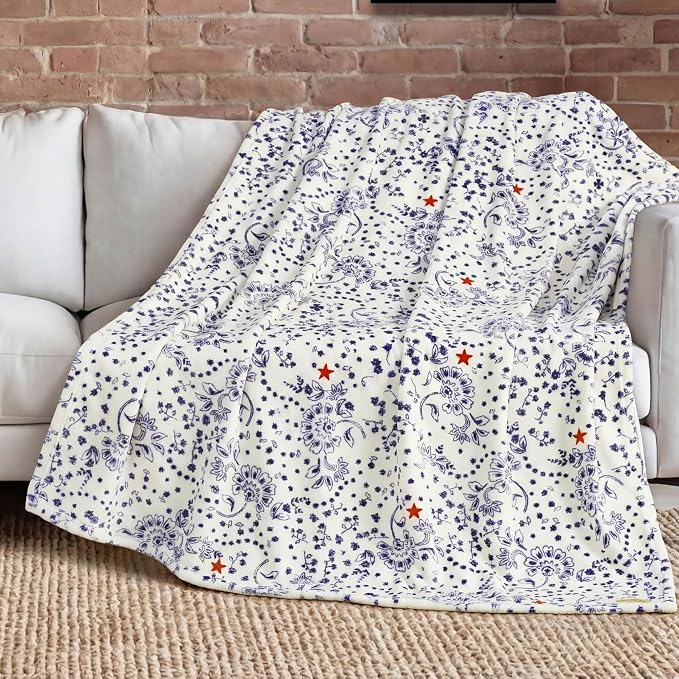 Lucky Brand 50" x 70" Plush Throw Blanket, Bandana White/Navy | For Sofa or Bed