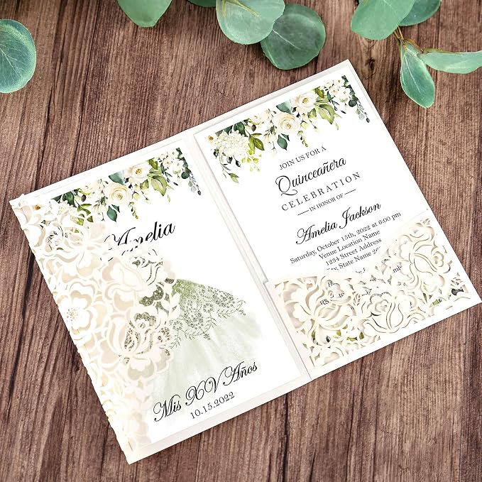DORIS HOME 50Pcs Personalized Laser Cut Quinceanera Invitations, Ivory | 4.7"x7.1", Customized Quince Invitations, For 15th Birthday, Sweet 16, With Envelopes