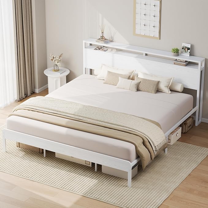 LIKIMIO California King Bed Frames with 2-Tier Storage Shelf Headboard | Wood Platform Bed, Camas California King with Strong Metal Supports, Sturdy, Noise-Free, No Box Spring Needed, White