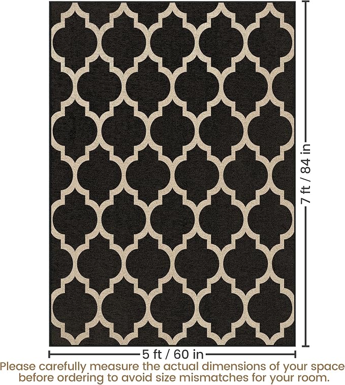 Washable 5x7 Moroccan Trellis Easy Jute Rug for Livingroom, Black Neutral Boho Outdoor Indoor Patio Large Area Rugs, Woven Ultra Thin Non Slip Carpet Mat for Backyard Kids Bedroom Classroom Playroom