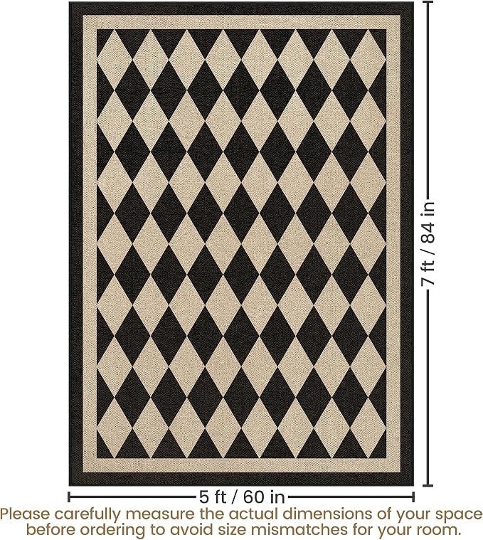 Washable Checkered Easy Jute Rug 5x7, Black Checkerboard Geometric Modern Outdoor Indoor Patio Large Rugs, Woven Thin Carpet Mat for Living Dining Room Bedroom Classroom Kids Nursery Play Room