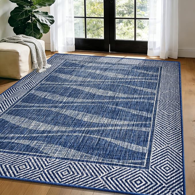 Easy Jute Rug 5x7 Outdoor Patio Rug with Border, Washable Rugs for Living Room, Farmhouse Non Slip Area Rugs with Rubber Backing Indoor Outdoor, Non Shedding Carpet for Bedroom, Courtyard, Blue