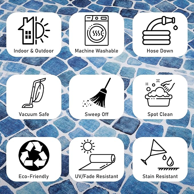 ReaLife Rugs Machine Washable Indoor Outdoor - Mat Rug Foldable Printed Thin Lightweight Cushioned Fade Resistant Patio Deck Dock Porch Pool Balcony Camping - Emery- Blue 5' x 7'