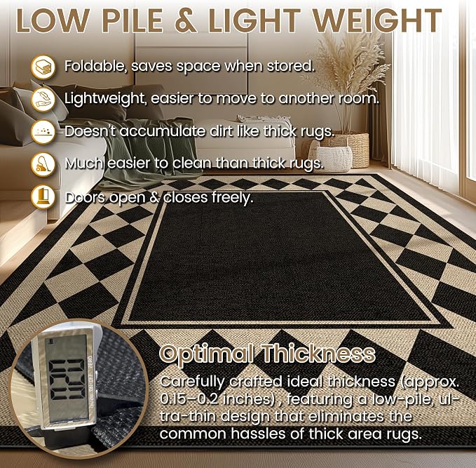 Washable Checkered Easy Jute Runner Rug 2x6, Black Checkerboard Geometric Outdoor Indoor Patio Bordered Rug, Woven Non Slip Thin Neutral Long Runner Carpet for Hallway Kitchen Entryway Porch