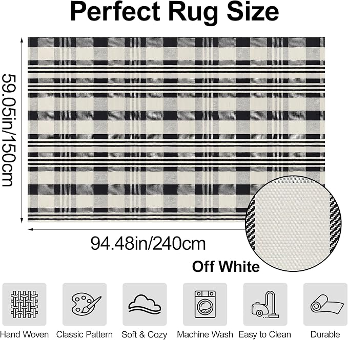 Buffalo Plaid Rug 5x8 Cotton Woven Rug Black and Off White Checkered Outdoor Rug Front Porch Decor Washable Indoor Outdoor Area Rug for Living Room Bedroom Dining Room Patio Farmhouse Carpet