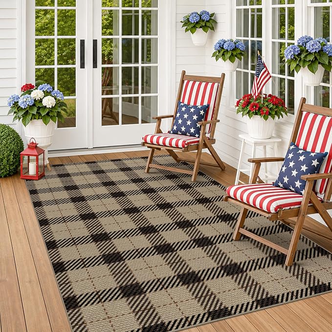 Easy Jute Area Rug 5x7, Washable Indoor Outdoor Plaid Rug for Living Room, Patio, Entryway, Bedroom, Farmhouse Non Slip Black & Tan Rug