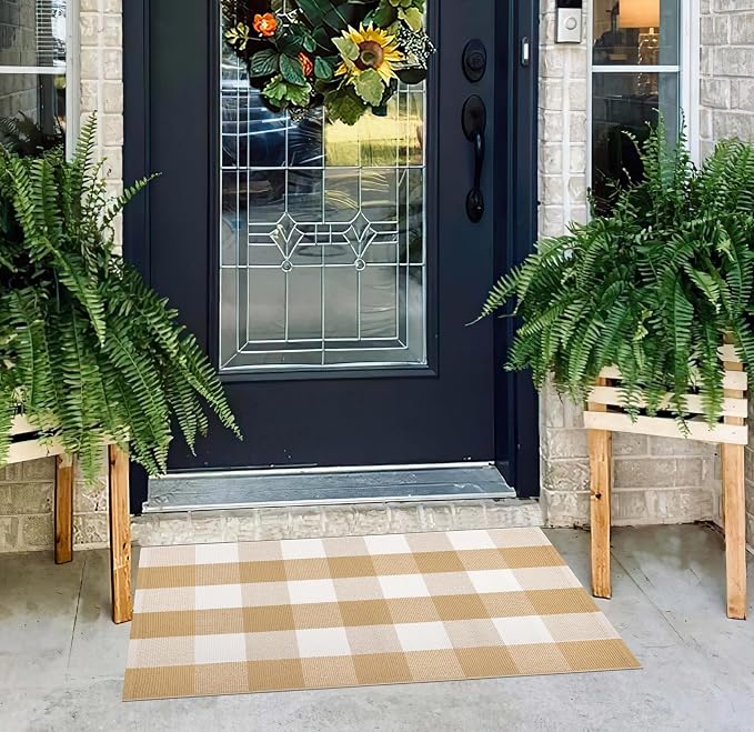 Front Door Mats Outdoor 24''X35'' Khaki and White Layered Doormat Cotton Woven Farmhouse Washable Small Area Rug for Welcome Mat/Entryway/Bedroom/Living Room