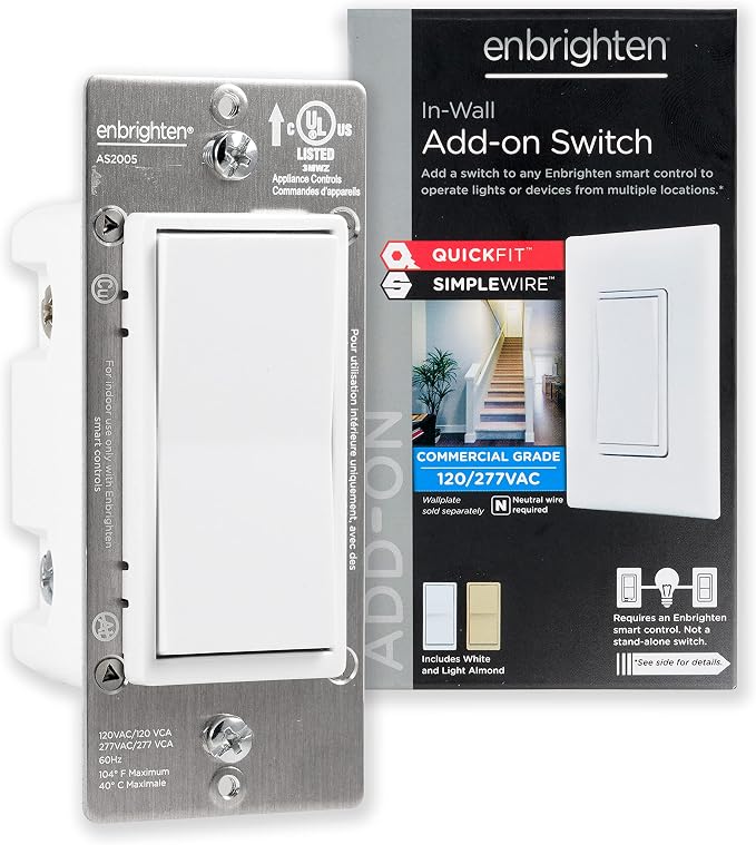 Enbrighten Z-Wave Add-On Switch, Paddle, White & Light Almond, 1 Pack | Not for Standalone Use, Pair with other Enbrighten Z-Wave Switches for 3-Way Setup, Interchangeable Paddles