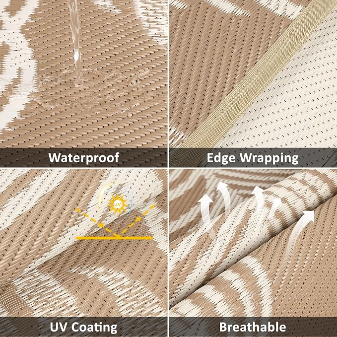 Pauwer Outdoor Rug 8ft, Waterproof Plastic Straw Camping Rug, Boho Brown | Reversible Patio Rug, UV Resistant Indoor Outdoor RV Mat Carpet For Deck, Camper, Porch, Balcony, Backyard, Picnic, Foldable