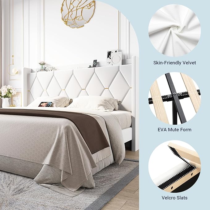 Allewie King Size Bed Frame with Storage Headboard & Charging Station | Diamond Tufted Design & Gold Trim, Velvet Upholstered Platform Bed, No Box Spring Needed, Easy Assembly, Noise-Free, White