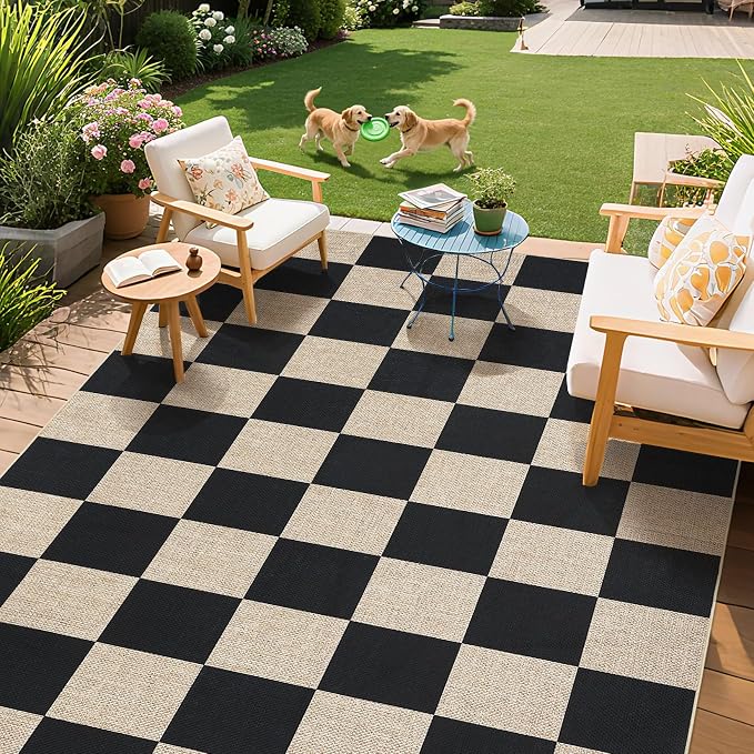 COZYLOOM 6x9 Kids Rugs for Bedroom, Washable Rug with Non Slip Backing, Modern Checkered Easy Jute Rug Stain Resistant Indoor Outdoor Mats for Living Room, Dining Room, Patio, Black