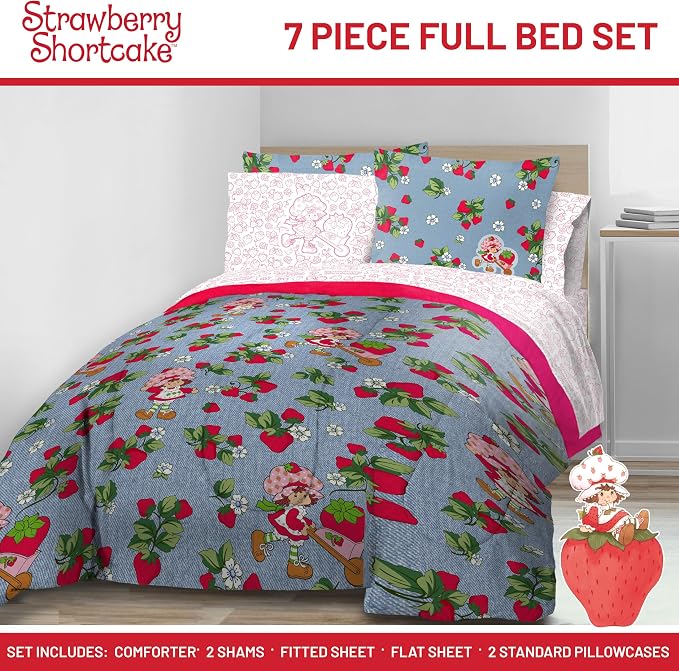 Strawberry Shortcake Full Comforter Set 7 Piece Kids Bedding, Blue | Bed in a Bag, Comforter Sheets Shams Pillowcases, Official Brand, Soft Microfiber, Machine Washable, Girls Gift