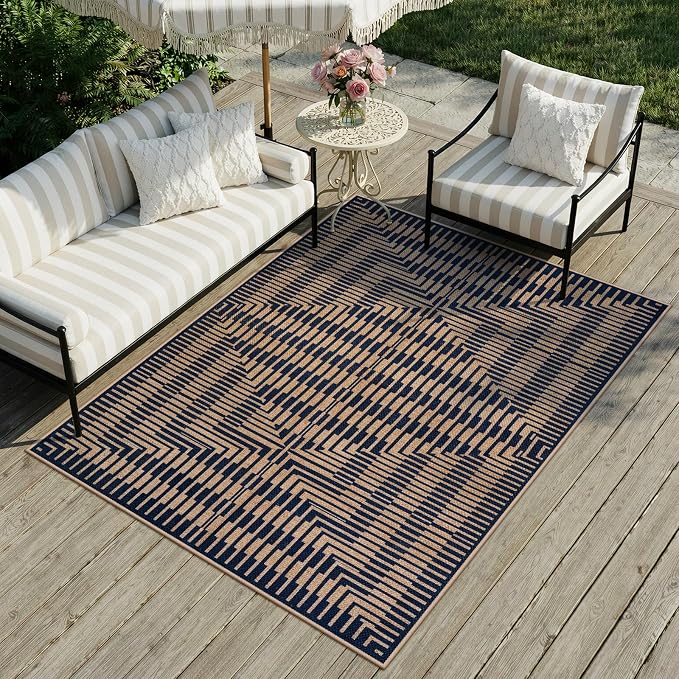 LIVEBOX Easy Jute Outdoor Rug 5x7, Washable Non Slip Area Rug, Farmhouse Striped Carpet for Patio, Dining Room, Backyard (Dark Blue)