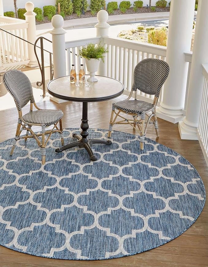 Unique Loom Outdoor Trellis Collection Area Rug - Trellis (Round 3' 3" x 3' 3", Navy Blue/ Ivory)