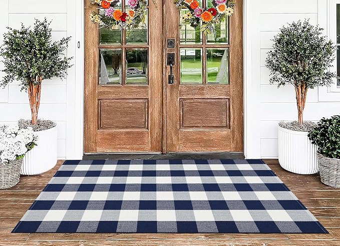 Outdoor Rug 3'x5'Blue and White Buffalo Checkered Rug Cotton Woven Machine Washable Farmhouse Front Porch Rug Door Mat Outdoor for Entryway,Patio,Bedroom,Hello Welcome Mat