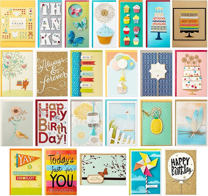 Hallmark All Occasion Cards Assortment Box with Envelopes, Handmade Greeting Card Organizer Box with Dividers, Watercolor Dots (Pack of 24) & Handmade Birthday Cards Assortment, Happy Cake Day