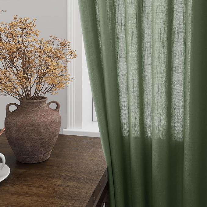 142 Inch Extra Long Curtain for Floor to Ceiling High Window Olive Green Linen Back Tab Curtains for Living Room Filtered and Breathable Semi Sheer Drapes Modern Farmhouse Boho Decor 52x142,2PCS