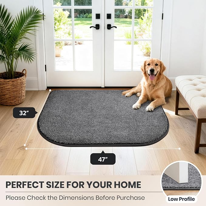 PURRUGS Dirt Trapping Door Mat Half Round 32" x 47", Non-Slip Machine Washable Entry Rug, Entrance Mat, Indoor Front Door Mat, Super Absorbent Entryway Rug for Muddy Shoes & Paws, Heathered Grey