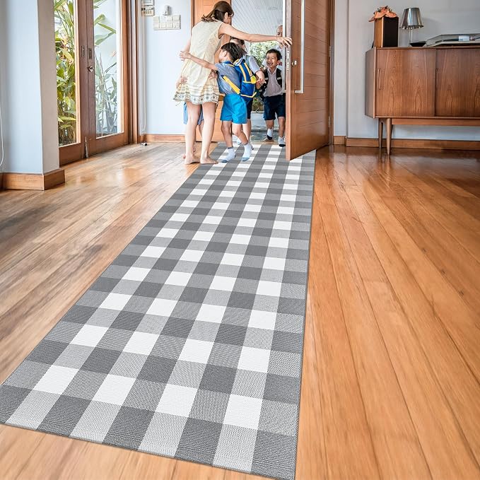 Buffalo Plaid Runner Rug 3x10 Feet Grey and White Checkered Runner Rug Cotton Woven Farmhouse Floor Mat Washable Rugs for Hallway Kitchen Laundry Bedroom Living Room