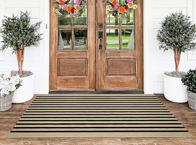 BUAGETUP Outdoor Rug 3'x 5',Black and Khaki Striped Porch Rug Cotton Woven Washable Rug Indoor/Outdoor Area Rug Floor Mat for Farmhouse Living Room Bedroom