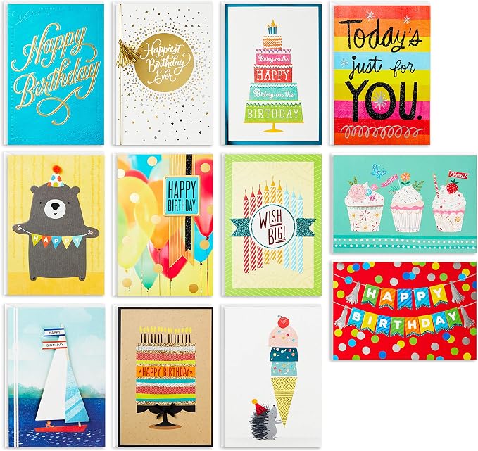 Hallmark 12-Piece Birthday Card Assortment, Includes 12 Premium Cards with Unique Birthday Wishes and Enhancements, Perfect for Birthdays Throughout the Year