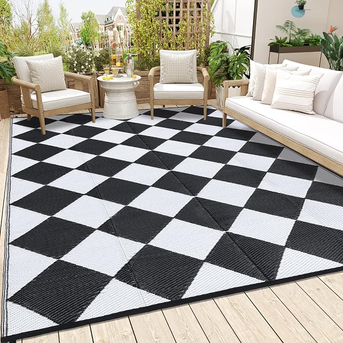 GarveeLife 9x18 Outdoor Rug for Patio Reversible, Plastic Straw Rug Waterproof Camping Rug Portable, Foldable Lightweight Mat for RV, Patio, Backyard, Deck, Picnic, Beach, Balcony (Black/White)