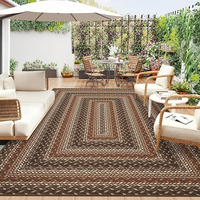 GarveeHome 8x10 Washable Living Room Area Rug Non Slip Braided Rugs | Low Pile Stain Resistant Dining Room Throw Carpet Indoor Outdoor Modern Bordered Area Rugs for Home Decor, Tan