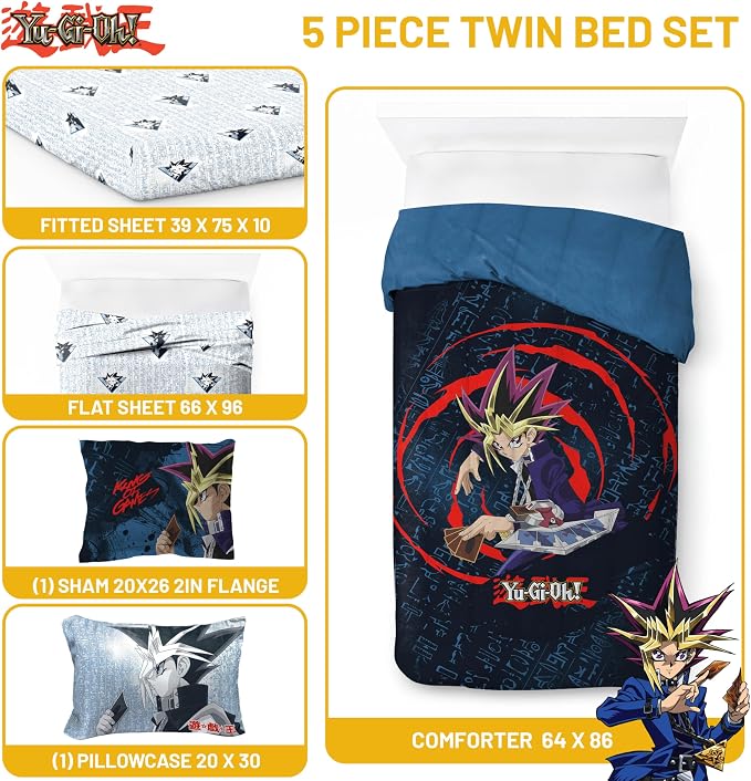 Jay Franco Yu-Gi-Oh Twin Comforter Set 5 Piece Soft Anime Bedding, Blue | Bed in a Bag, Comforter Sheets Sham Pillowcase, Official Product, Soft Microfiber, Machine Washable, Easy Care, Kids Gift
