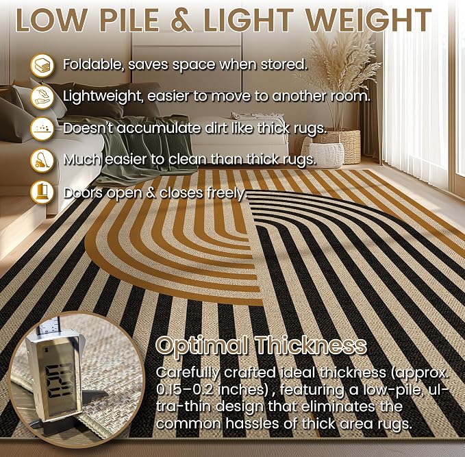 Washable Modern Easy Jute Rug 3x5, Black Outdoor Indoor Patio Abstract Geometric Neutral Small Rug, Woven Non Slip Thin Carpet Mat for Living Bedroom Entryway Front Door Farmhouse Doorway Kids