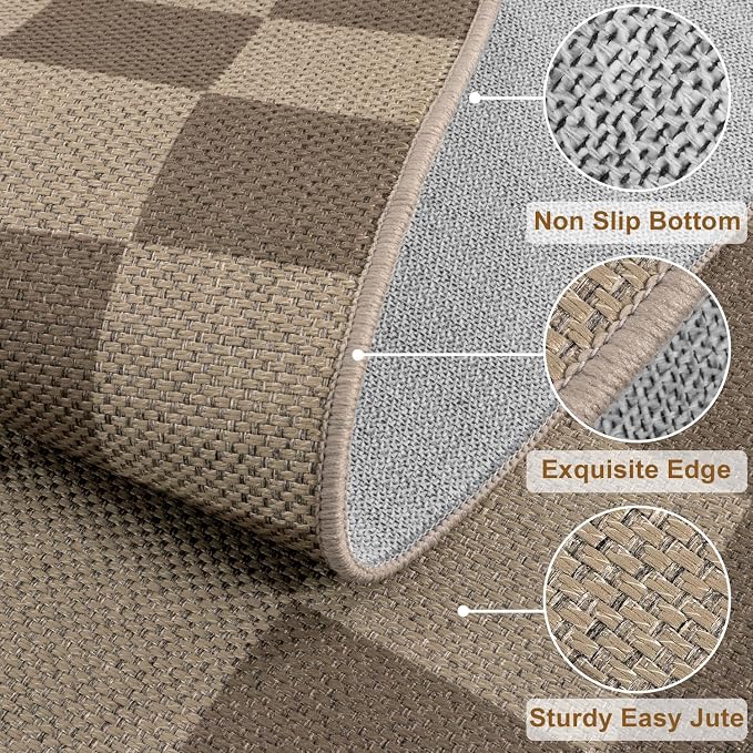 Rugalia Easy Jute Checkered Area Rug, 3x5 Indoor Outdoor Entryway Rug Washable Brown Checkerboard Kitchen Rugs, Non-Slip Modern Farmhouse Throw Carpet for Living Room Patio Kids Room