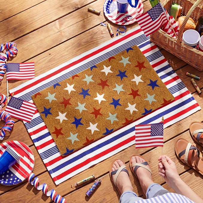 Moucuny 2 Pcs 4th of July Patriotic Coir Door Mat 24'' x 35'' Red Blue White Patriotic Outdoor Rug 16'' x 28'' Star Coir Doormat Non Slip Independence Day Welcome Doormat for Outside Porch Front Decor
