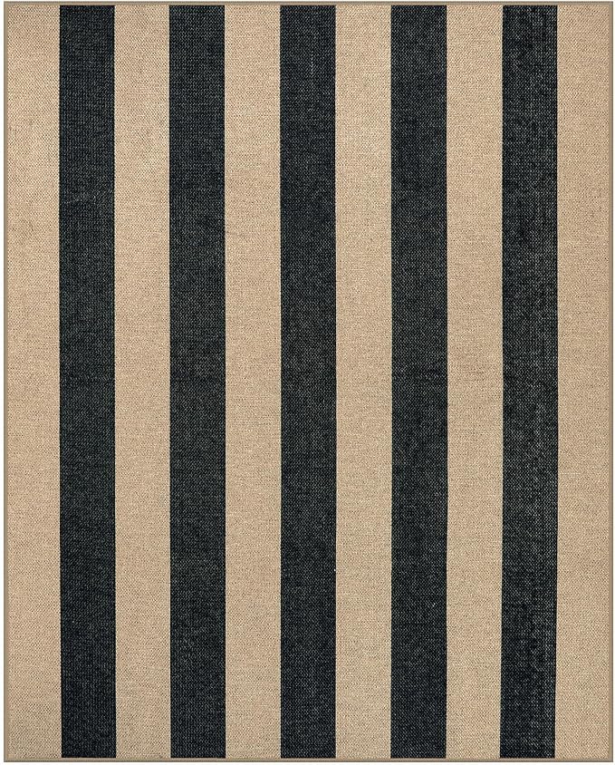 Lahome Striped Easy Jute Living Room Rug, 8x10 Outdoor Patio Rugs Washable | Black Indoor Area Rug, Modern Farmhouse Geometric Non Slip Non Shedding Carpet for Office Backyard Dining Room Sunroom