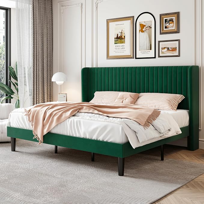 SHA CERLIN King Size Velvet Bed Frame, Tufted Wingback Headboard, Green | 47'' Modern Vertical Channel Headboard, Upholstered Platform Bed, Wood Slats, No Box Spring Needed, Easy Assembly, Noise Free