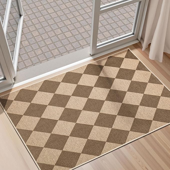 EDIMENS Checkered Easy Jute 2x3 Entryway Rugs Front Door Mat Entry Rug | Non Slip Small Area Rug Kitchen Mat Checkered Rug Farmhouse Low Pile Washable Brown Indoor Outdoor Doormat for Porch Doorway
