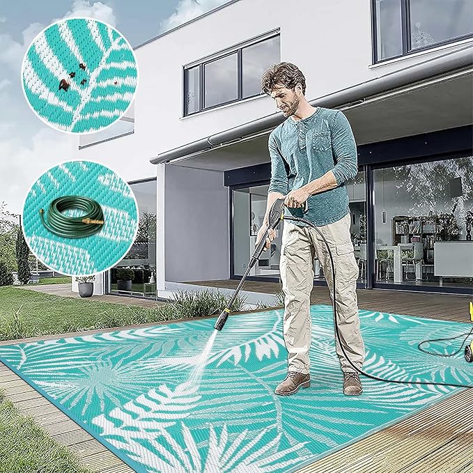 Outdoor Rug for Patios Clearance, 6x9 Waterproof RV Rugs for Outside, Reversible Plastic Straw Mat Large Quick Drying Outdoor Rugs for Deck Trailers Campers Porch Beach Backyard,Teal & White