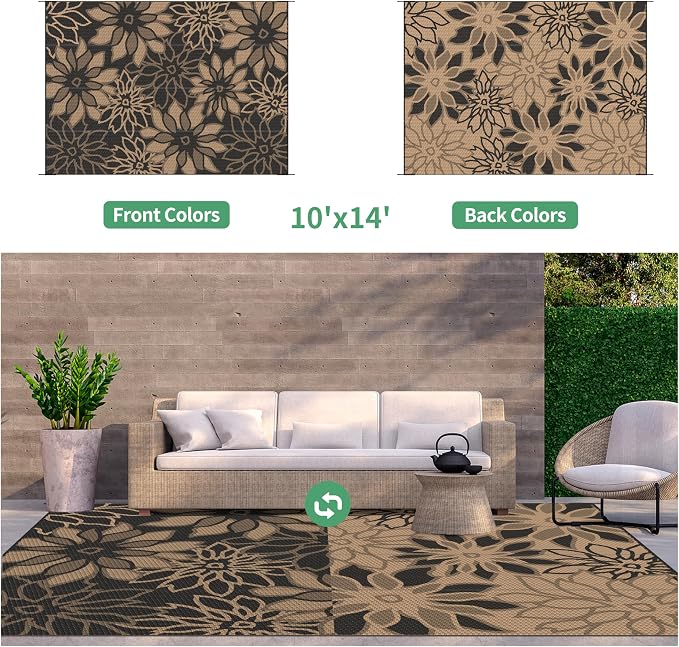 GENIMO Outdoor Rug, Waterproof Plastic Rugs 10'x14' for Camping Black | Outside Larger Leaf Carpet Mat for Patio Decor, RV, Porch, Camper, Deck, Picnic, Beach, Backyard, Reversible, Foldable