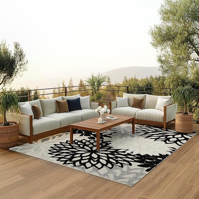 Nourison Home Aloha Indoor/Outdoor Black White 7'10" x 10'6" Area Rug, Tropical, Botanical, Easy Cleaning, Non Shedding, Bed Room, Living Room, Dining Room, Deck, Backyard, Patio (8x10)