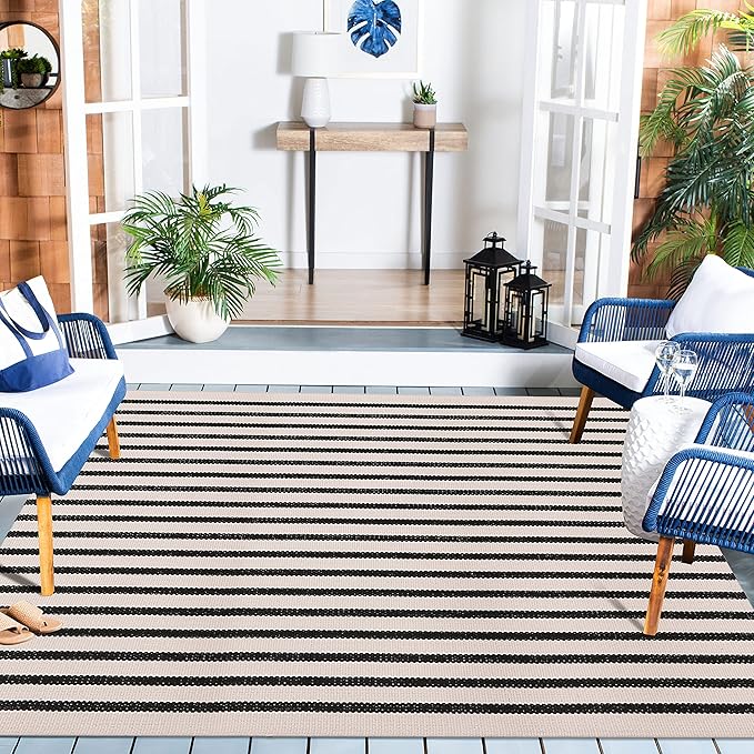 LEEVAN Outdoor Rug 4x6 ft Black and White Striped Patio Rugs, Washable Woven Cotton Boho Living Room Rug Farmhouse Collection Large Floor Carpet for Courtyard/Bedroom