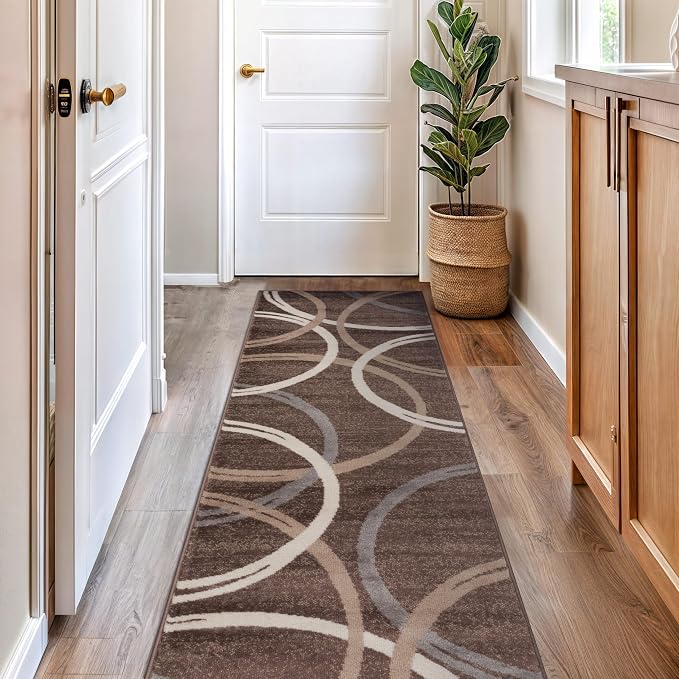 Rugshop Wavy Circles Modern Jute Backing Runner Rug Brown 2'7" x 8' | Rectangular, Size 2'7" x 8', Living Room, Bedroom, Dining Room, Home Office, Kitchen, Entryway, Hallway, Nursery, Kids Room