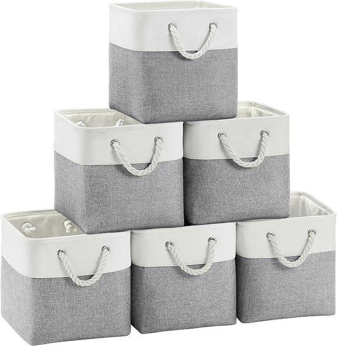 FinishingBo 11 inch Cube Storage Bin with Handles 6 Pack | Foldable Basket, Fabric Storage Bins, Closet Storage, Home Organizer (White/Grey)
