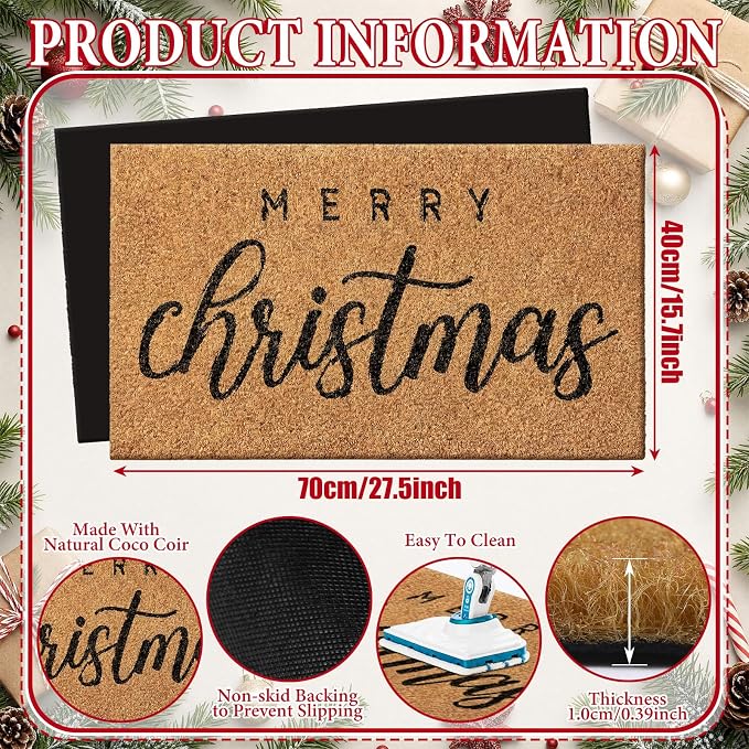 Ceenna Merry Christmas Coir Doormat Outdoor Christmas Welcome Door Mat Non Slip Floor Mats Xmas Mat Indoor Entrance Door Porch Front Decor, 16 x 28 Inch