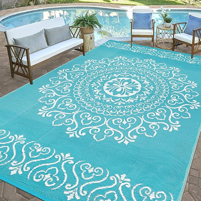 Pauwer Outdoor Rug 9x12, Waterproof Plastic Straw Camping Rug, Floral Teal | Reversible Patio Rug, UV Resistant Indoor Outdoor RV Mat Carpet For Deck, Camper, Porch, Balcony, Backyard, Picnic, Foldable