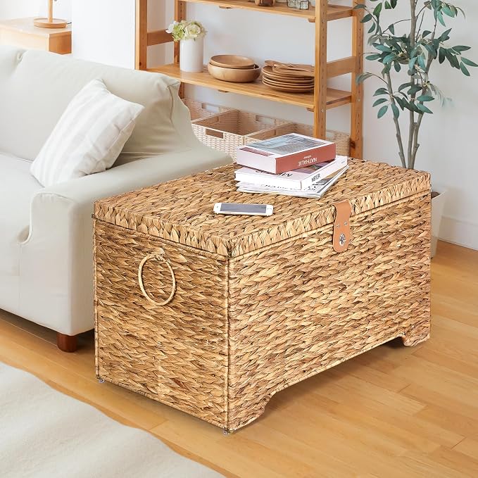 Honjourai Handwoven Storage Basket with Lid, 165L Wicker Storage Trunk | Natural Water Hyacinth Storage Chest, Leather Buckle, Metal Frame, Metal Ring Handles for Easy Transport