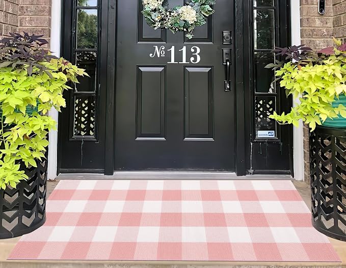 Pink and White Outdoor Rug 2'X4.3' Buffalo Plaid Checked Front Porch Rug Cotton Woven Washable Rug Layering Doormat for Welcome Door Mat Entryway Dining Room Bedroom Living Room