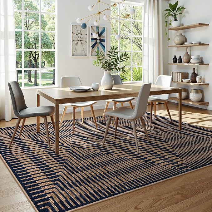 LIVEBOX Easy Jute Outdoor Rug 5x7, Washable Non Slip Area Rug, Farmhouse Striped Carpet for Patio, Dining Room, Backyard (Dark Blue)