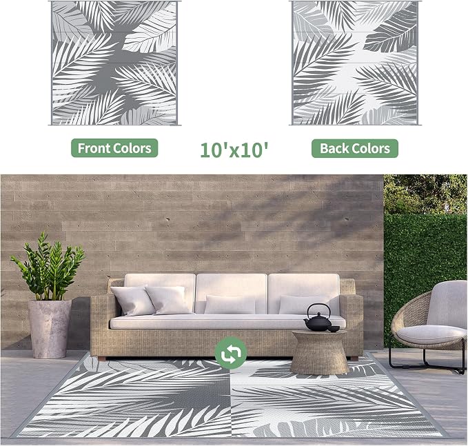 GENIMO Outdoor Rug, Waterproof Plastic Rugs for Patio, 10'x10' Grey White | Outside Larger Leaf Carpet Mat for Porch Decor, Deck, Camping, RV, Backyard, Balcony, Picnic, Beach, Reversible, Foldable