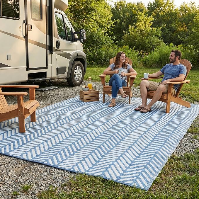 FH Home Outdoor Camping Rug - Waterproof, Fade Resistant, Reversible - Premium Recycled Plastic - Herringbone - Large Patio, Deck, Sunroom, RV - Fresno - Light Blue - 9 x 18 ft Foldable