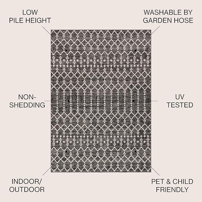 JONATHAN Y Moroccan Geometric Indoor Outdoor Square Area Rug 6X6 Black/Gray, Ourika Textured Weave for Backyard, Patio, Porch, Easy-Cleaning, High Traffic, Pet-Friendly, Non-Shedding (SMB108F-6SQ)