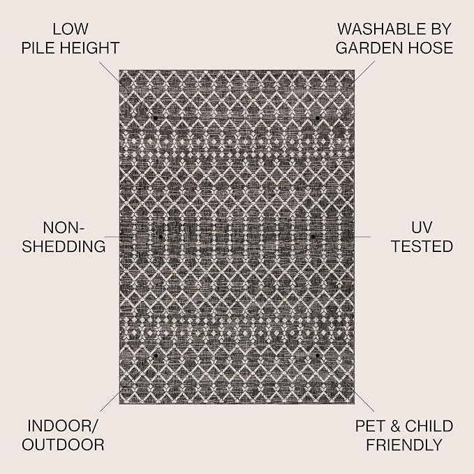 JONATHAN Y Moroccan Geometric Indoor Outdoor Square Area Rug 5X5 Black/Gray, Ourika Textured Weave for Backyard, Patio, Porch, Easy-Cleaning, High Traffic, Pet-Friendly, Non-Shedding (SMB108F-5SQ)
