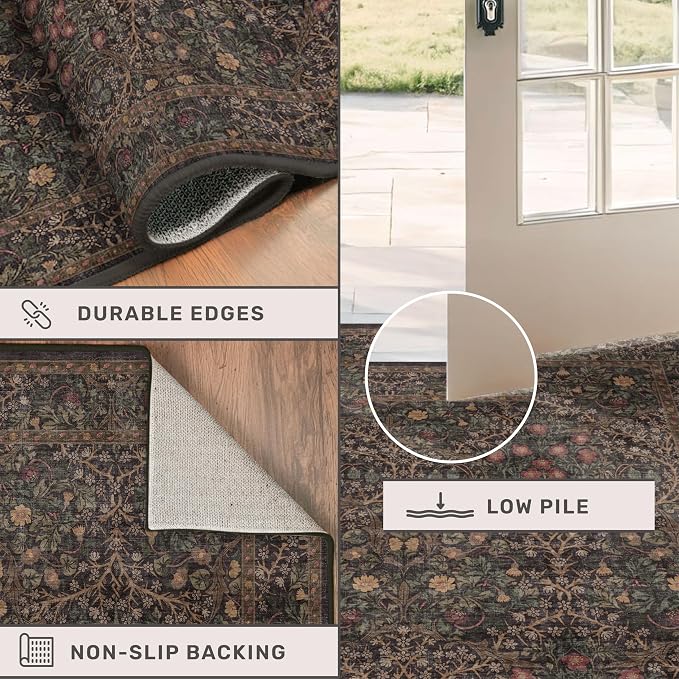 Dark Brown 6x8 Dining Room Rugs for Under Table - Washable Area Rug for Living Room, Low Pile Non-Slip Floor Carpet for Bedroom - Vintage Design & Stain Resistance
